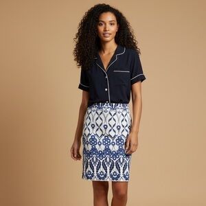 J.Crew Printed Pencil Skirt Size 6 Blue White Geo Floral Cotton Blend Lined